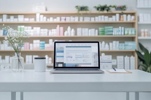 Ein moderner, heller Empfangstresen mit einem Laptop, einer Tasse, einem Block und einem Stift. Im Hintergrund sind Regale mit Apothekenprodukten zu sehen. Rechts und links stehen grüne Pflanzen.